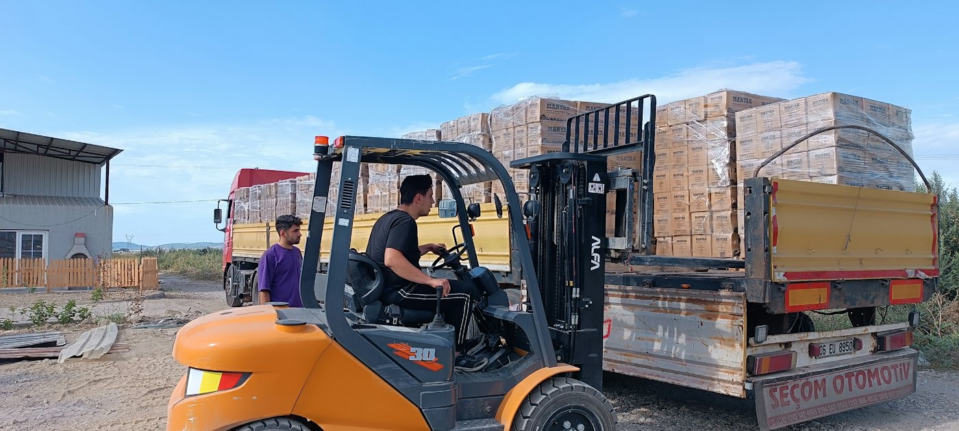 Carrello elevatore che carica bancali di mattoni su un camion